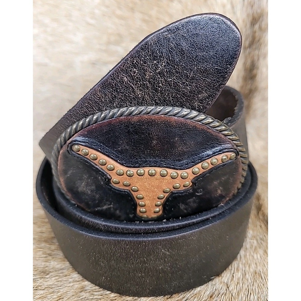 Fossil Men's Brown Leather Western Belt Medium Longhorn Steer Buckle LIBT1025